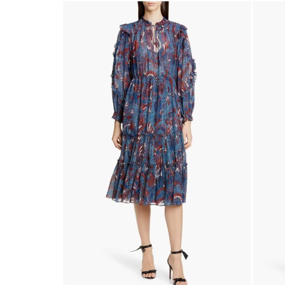 Ulla Johnson Paola Ruffle Long Sleeve Midi Dress In Blue